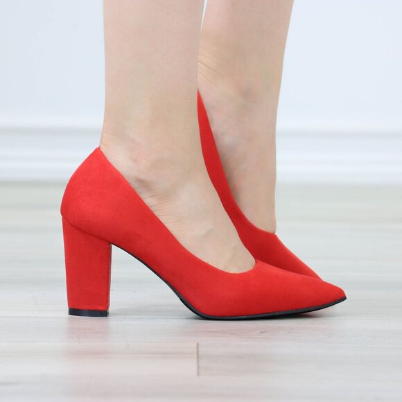 Classic Block High Heel Slip On Pointed Toe Pumps Red Suede - Picture 4 of 12